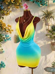 Amplova Plunging Neckline Rope Vacation Sleeveless Sexy Bodycon Ruched Mini Dress For Women - Blue - View 5