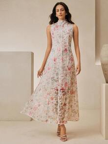 Anewsta Women's Elegant Casual Romantic Embroidered Collar Sleeveless Dress Wedding Garden Party Birthday Mother Of The Bride Pink And White Floral Summer - Multicolor - View 3