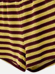 Nöista Conjunto de chaleco y pantalones cortos a rayas con botones de rana. Estilo de verano, otoño, resort, vacaciones, casual. - Café integral - Ver 12