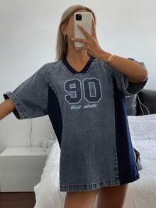 DAZY Blouse en jean à manches courtes et col rond style coréen décontracté pour femmes, petite taille, été - Bleu azur - Voir 5