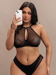 SHEIN BAE 2pcs Women Plus Size Solid Color Mesh Underwire Bra Set - Black - View 7