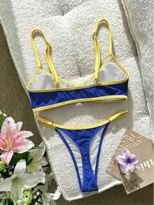 Swim SXY 女士泳装比基尼性感纯色拼接比基尼，内置胸罩露脐背心吊带泳衣，适合度假、海滩、Y2K风格、健身等场合，适合情人节、新年派对、度假、都市海滩波西米亚风等各种场合，2026春夏沙滩装 - 藍色 - 查看 6