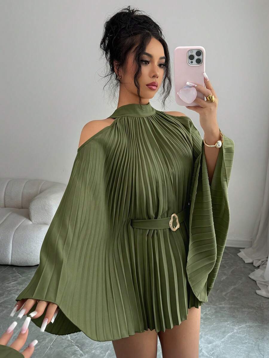SHEIN Elenzya 优雅度假风束腰喇叭袖中长款女式衬衫 - 軍綠色 - 查看 1