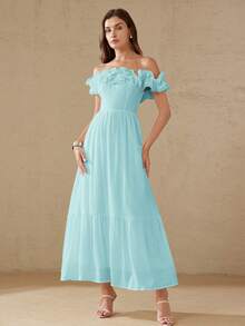 BELROSIE Light Blue Elegant Vacation Summer Textured Pleated Off-Shoulder Layered Ruffled Hem Cinched Waist Maxi Flowy Dress,Versatile For Party Wear - Blue - View 5