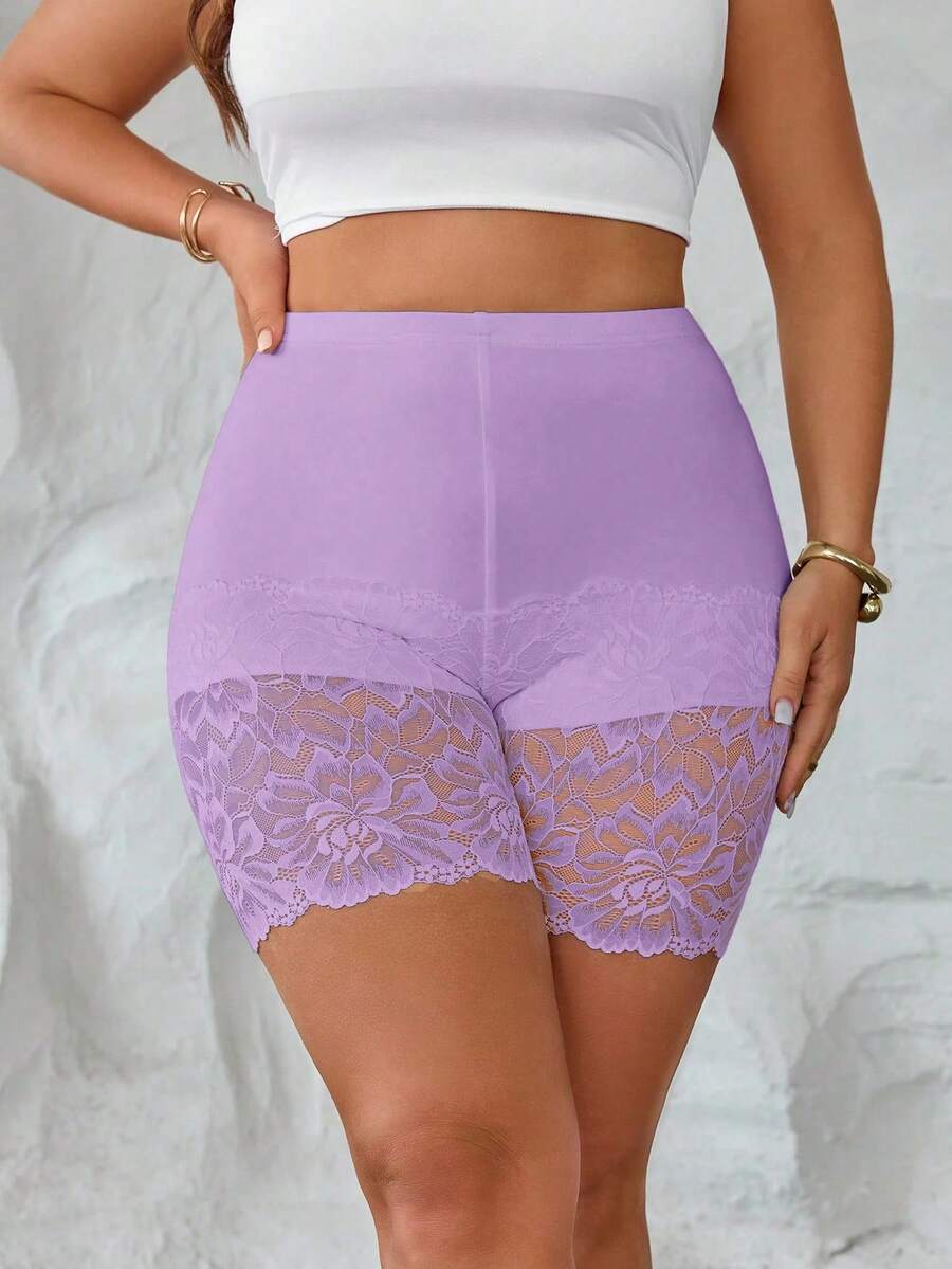 Elenzga Quần legging nữ cỡ lớn phong cách tối giản thường ngày, quần ngắn bó sát phối ren dệt kim tương phản, chất liệu mềm mại, thoải mái, thân thiện với da. - Màu tím - Xem 1