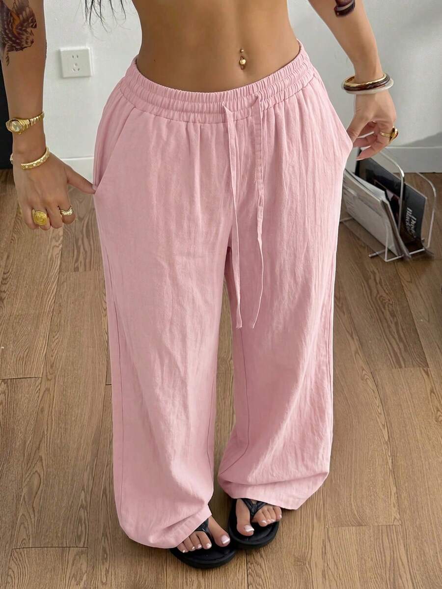 SHEIN Coolane Women's Summer Country Concert Going Out Beach Outfits Boho Basic Minimalist Washed 100%Cotton White Pants Curved Hem Pants - Pink - View 1
