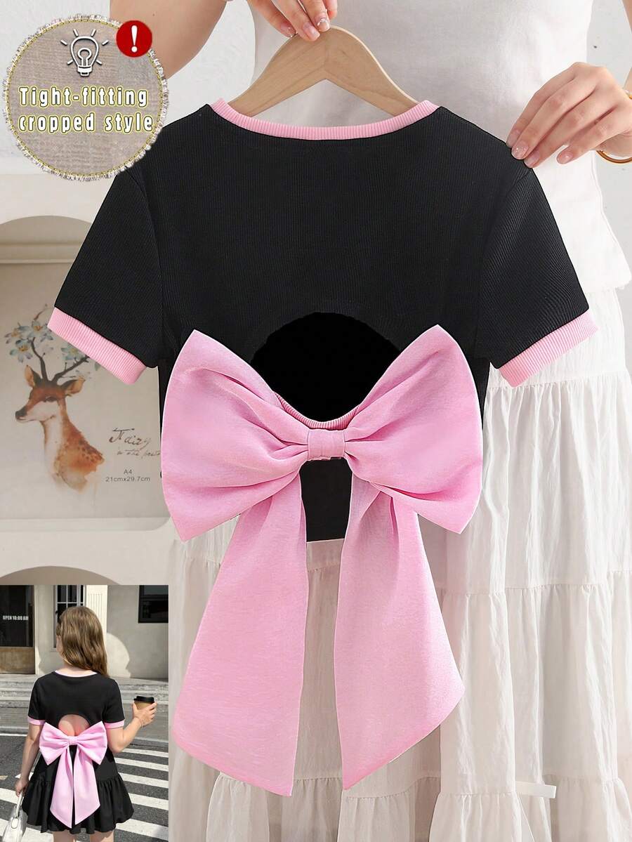SHEIN Tween Girls 纯色撞色修身短款露背欧根纱蝴蝶结装饰短袖 T 恤,时尚法式优雅风格,返校季,Y2K,甜美酷炫淑女风 - 黑色 - 查看 1