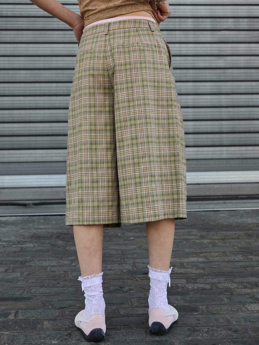 COUREZ Pantalones cortos de tela a cuadros con ajuste regular, atuendos de verano para mujer, shorts de verano estilo Y2K, ropa de verano linda - Verde - Ver 1