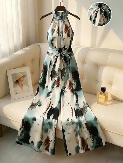 SHEIN Franclia Bộ áo liền quần ống rộng cạp yếm kiểu tranh mực cổ điển, áo liền quần bằng vải chiffon in họa tiết thanh lịch, quần palazzo cài kim loại tiện dụng cho công sở và kỳ nghỉ.