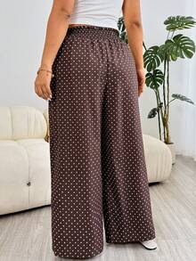 SHEIN EZwear Plus Size Women's Brown Polka Dot Print Elastic Waist Casual Pants - Brown - View 2