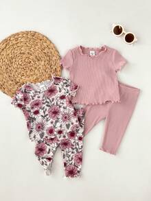 Kids Newborn Baby Girl Cute Cartoon Floral Pattern Ruffle Trim Round Neck Short Sleeve Pants Comfy Knit Pajama Set, 4-Piece - Pink - View 2