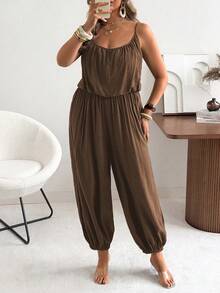 Ceyna Plus Size Solid Color Elegant Casual Pleated Wide Leg Jumpsuit - Brown - View 6