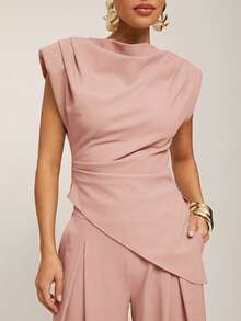 Silquee Women's Solid Color Pleated Casual Versatile Daily Wear Top,Summer Top - Baby Pink - View 3