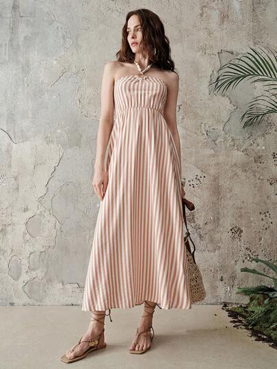 Aveloria Modichic Elegant French Style Women's Vacation Seaside Summer Brown & White Vertical Striped Halter Neck Exquisite Handmade Beaded Design Cinching Waist Dress
