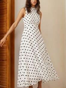 Aveloria Rosie Đầm không tay bằng vải chiffon phối màu chấm bi thanh lịch, thiết kế xếp ly phía trước, thắt eo, phù hợp cho mặc hàng ngày và đi nghỉ mát. - trắng - Xem 4