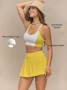 GLOWMODE FeatherFit™ DuoTone Racerback Double Strap Logo Band Crop Sports Bra With Removable Cups Low Impact Yoga Pilates Studio Daily Wear - Mustard Yellow - View 2