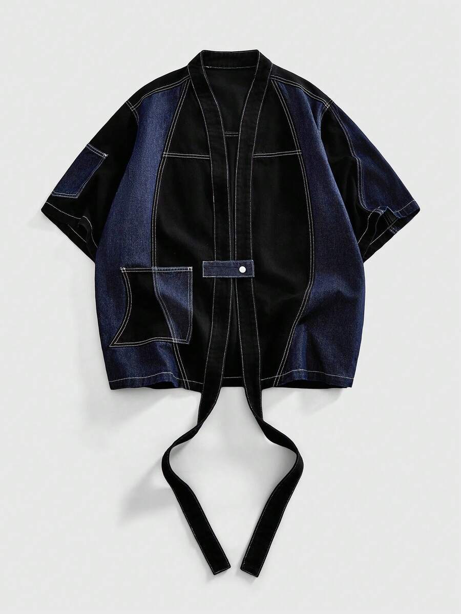 ROMWE MEN Áo khoác denim nam dáng rộng phối màu tương phản - Nhiều màu - Xem 1