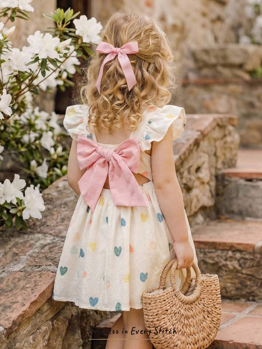 Baby Girl Heart Pattern Color Block Bow Decor Round Neck Short Sleeve Waist Cinched Dress - Apricot - View 1