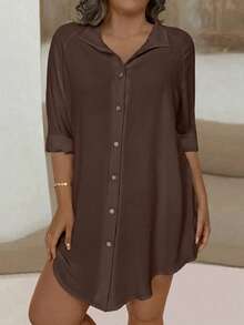 EMERY ROSE Plus Solid Button Front Blouse Women Shirt Fall - Brown - View 4