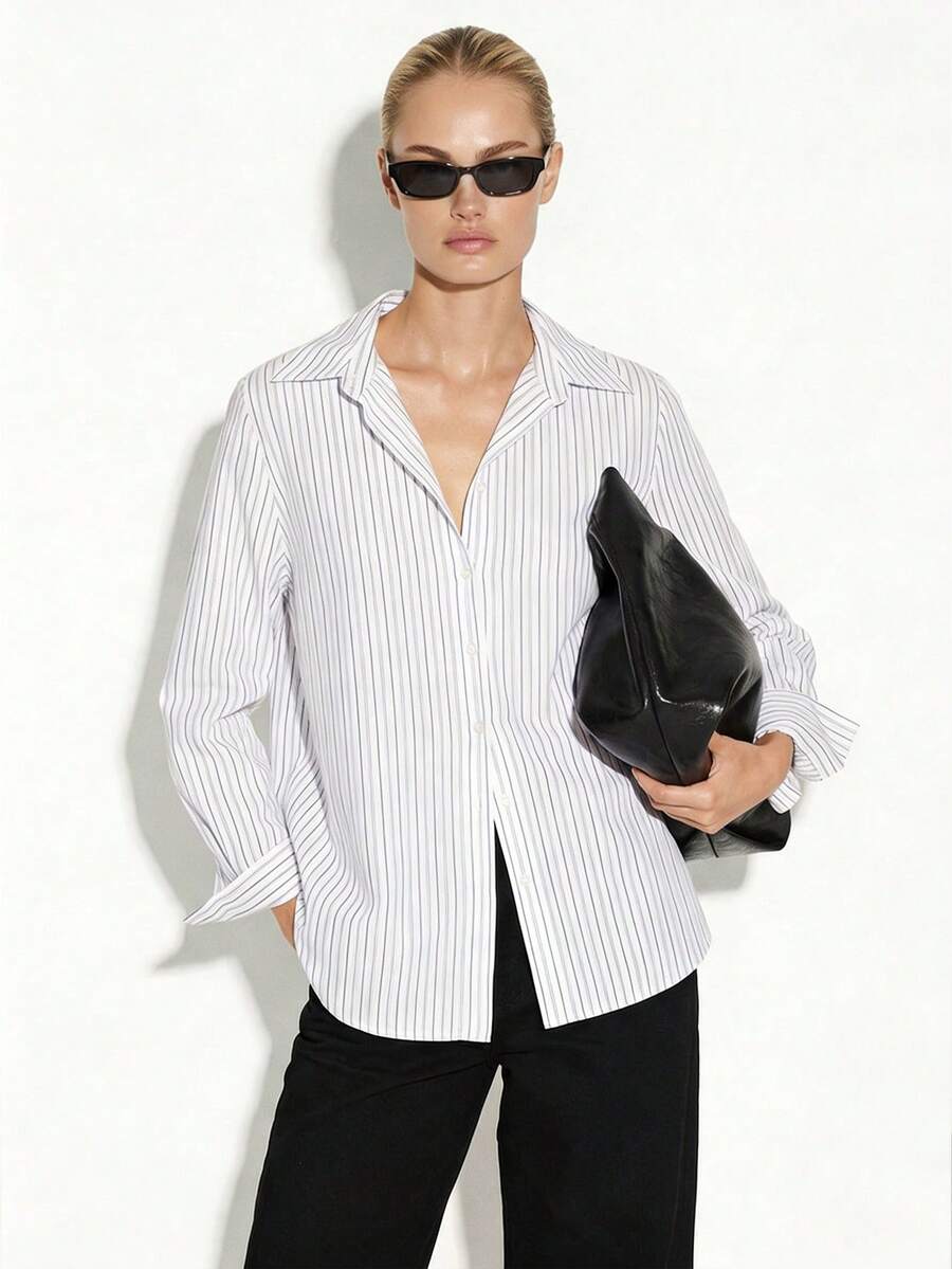 Áo sơ mi nữ dáng rộng, kẻ sọc, tay dài, cài cúc, kiểu dáng công sở, cổ điển. - Đen và trắng - Xem 1