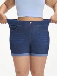 Rivivi Pantalones cortos vaqueros de talle alto de unicolor con bolsillos sesgados para uso casual diario en tallas grandes - Azul lavado oscuro - Ver 3