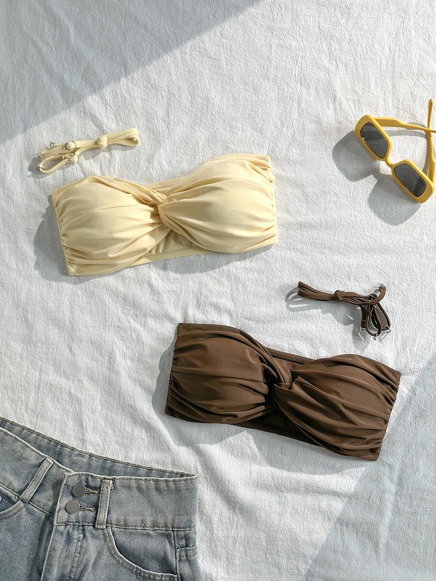 Swim Vcay 2pcs Women's Summer Beach Vacation Solid Color Ruched Twist Bikini Top, Detachable Straps - Black and White - View 1