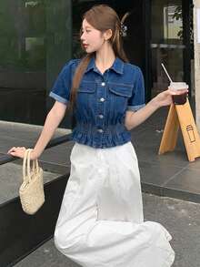DAZY Atasan Denim Kasual Pas Badan Gaya Korea untuk Wanita, Musim Panas - Biru - View 3