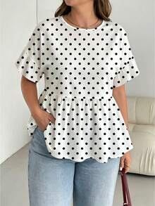 SHEIN Essnce Plus Size Women Round Neck Ruffle Trim Short Sleeve Blouse, Summer Zipper Top Ruffle Sleeve Top Pear Shape Outfits Polka Dot Top Outfits To Hide Belly Fat - White - View 5