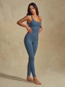 SHEIN Solid Color Backless Camisole Bodycon Sports Jumpsuit - Green - View 6