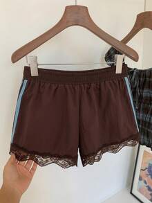 Muchica Women's Casual Contrast Lace Brown Woven Shorts, Summer - Brown - View 3