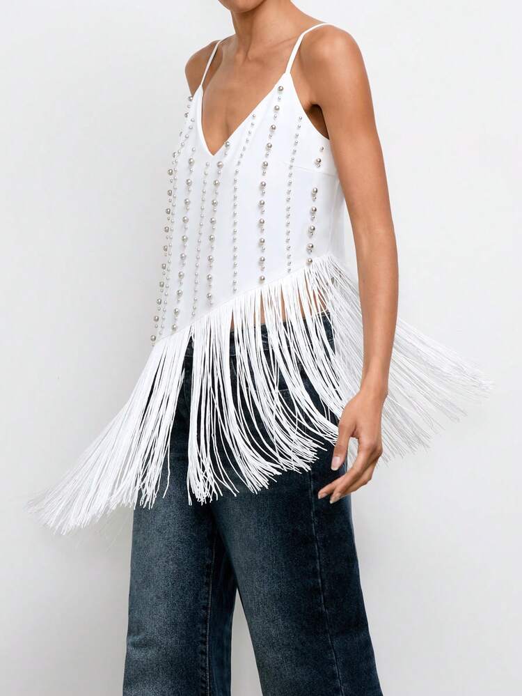 SHEIN Maija Women's Beaded Decor Tassel Hem Camisole,White And Silver Metallic Fringed Party Top,Summer Casual Birthday Party Fashion Outfits For Graduation