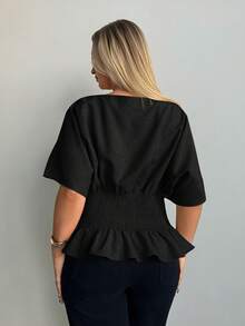 Auralis Blusa casual de manga corta con pliegues de unicolor, talla grande, primavera/verano - Negro - Ver 3