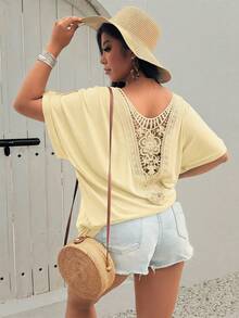 SHEIN LUNE Áo thun nữ cỡ lớn màu trơn xếp ly, kiểu dáng thường ngày, đa năng. - Vàng nhạt - Xem 6