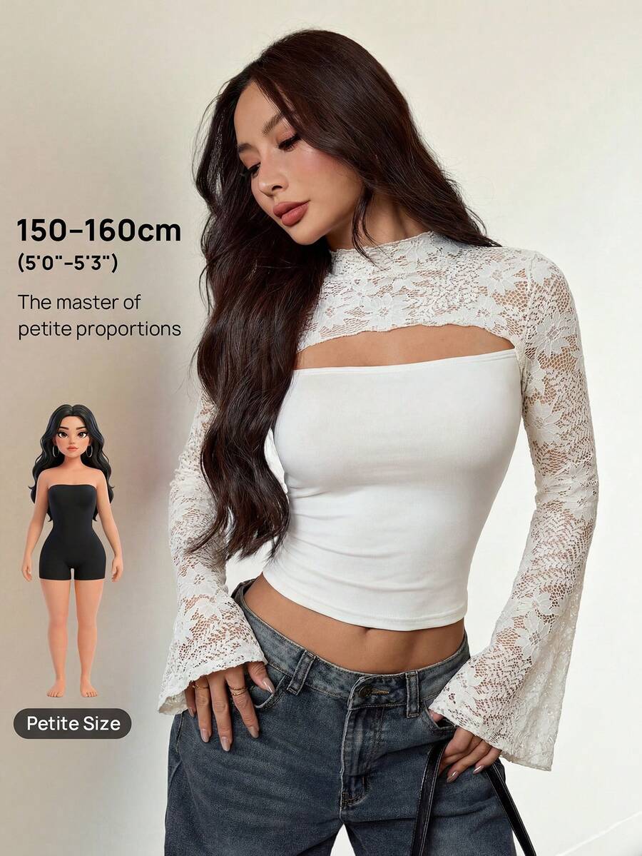 SHEIN PETITE Trang phục mùa thu gợi cảm và thanh lịch dành cho nữ: Áo thun dài tay ôm dáng khoét lỗ, phối ren màu đỏ rượu vang, trang phục mùa thu cho nữ, áo dự tiệc cho nữ, áo màu đỏ tía. - Màu be - Xem 1