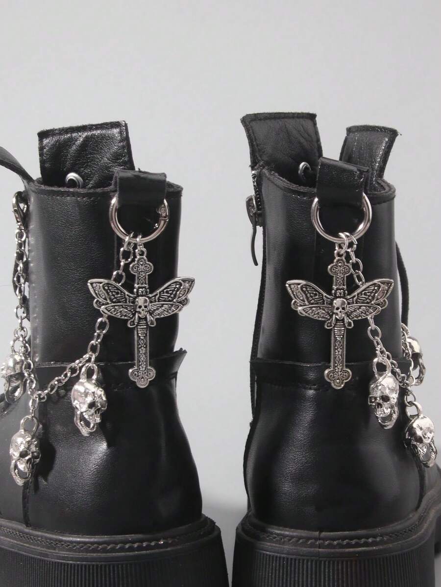 ROMWE 2 Pieces/Set Gothic Retro Cross, Moth, Boot Decorative Chain, Bag Decorative Chain - Silver-D - View 1