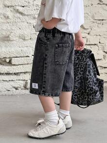 Young BoyLoose Fit Gray Denim Shorts - Black - View 8