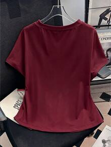 SHEIN Rosurelle 新款春夏白色短袖蝴蝶结侧边T恤（女款） - 酒紅色 - 查看 2