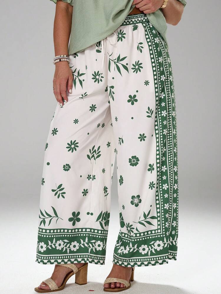 Plus Size Women Floral Print Drawstring Waist Loose Wide Leg Pants, Suitable For Beach & Holiday Boho Pants Green And White Pants Festival Trousers Mexican Pants