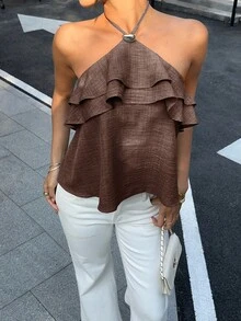 Siren Gaze Women's Solid Color Ruffle Hem Halter Neck Top,Summer Top - Brown - View 6