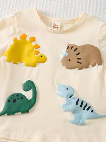 Cozy Pixies 2pcs Set Baju Bayi Laki-laki Motif Dinosaurus Kartun Rajut Lembut Leher Bulat Lengan Pendek dan Celana Pinggang Elastis - MultiWarna - View 5