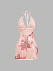 Sweetra Đầm mini dáng rộng, thanh lịch và lãng mạn dành cho nữ, cổ chữ V, hở lưng, đính ren, họa tiết hoa, lấp lánh, thích hợp cho kỳ nghỉ, tiệc tùng, họp mặt, đầm xuân, đầm hè, đầm lễ hội, trang phục lễ hội, ngày lễ, mùa tựu trường, tiệc tựu trường, trang phục đi xem hòa nhạc, mùa xuân hè và lễ hội âm nhạc/tiệc Coachella. - Hồng - Xem 2