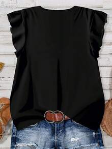Mellowie Casual Minimalist Romantic Lace Trim Plus Size Women V-Neck Ruffle Hem Short Sleeve Black Blouse, Suitable For Summer, Vacation - Black - View 2