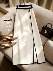 GlowEve Petite Women's Slit Hem Skirt With Button Trim Design - Apricot - View 1