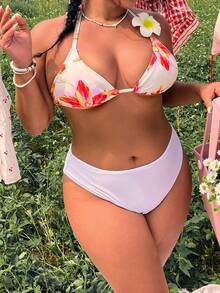 Swim Mod Plus Size 2026 New Tropical Floral Print Halter Triangle Bikini, Vacation Style Sexy Push-Up Two-Piece Swimwear - Multicolor - View 4