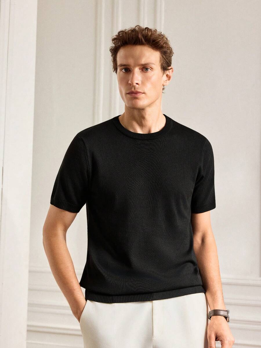 Officeau Jersey de punto de manga corta de unicolor casual para hombre, para primavera y verano
