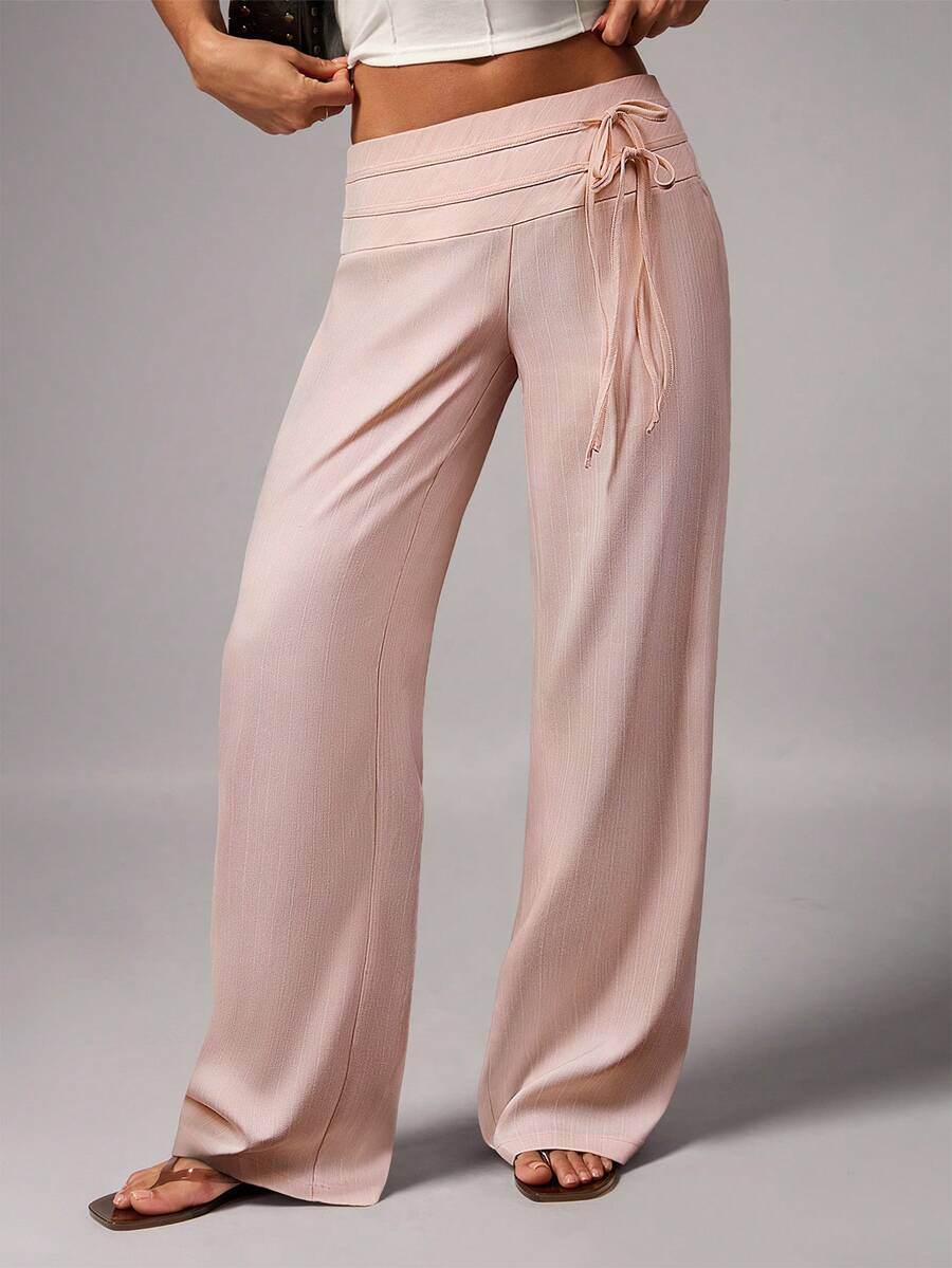Women's Casual Solid Color Double Belt Decor Low Waist Loose Wide Leg Pants, Suitable For Spring, Summer And Autumn - Baby Pink - View 1