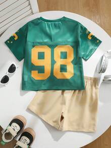 SHEIN Young Boy Fashionable & Cute Sports Jersey Short Sleeve T-Shirt Set, Suitable For Spring/Summer - Multicolor - View 2