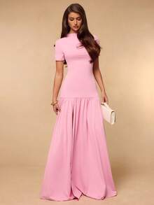 SHEIN BAE Vestido maxi elegante de unicolor rosa con manga corta ajustada, abertura alta y fruncido, para primavera/verano - Rosa - Ver 4