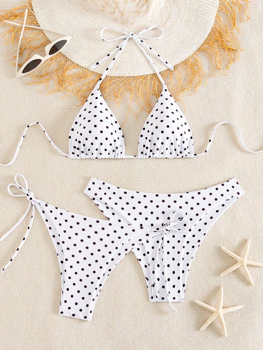 Swim Vcay Women's White With Black Polka Dots 3-Piece Set Triangle Cup Bikini Swimwear,Summer Tropical Holiday Beach Pool Party Vacation Knitted Dress - Multicolor - View 1