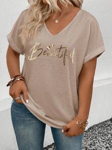 Selamara Camiseta de mujer de cuello en V casual y retro a juego, con estampado degradado, versátil para primavera/verano - Caqui - Ver 3